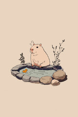 Fototapeta premium Cozy Capybara Relaxing in Hot Spring