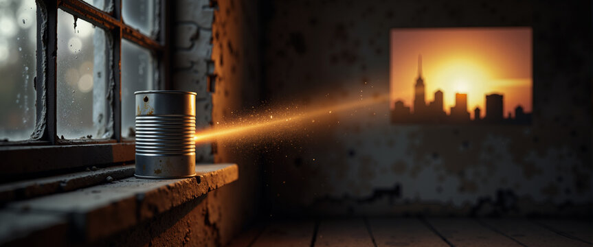 Pinhole camera projecting city skyline at sunset in dark room  