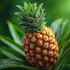 Obraz premium Ripe pineapple surrounded by green leaves in tropical garden