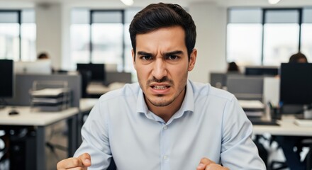 Obraz premium Angry mid-adult man in blue shirt shouting in office, toxic workplace culture concept