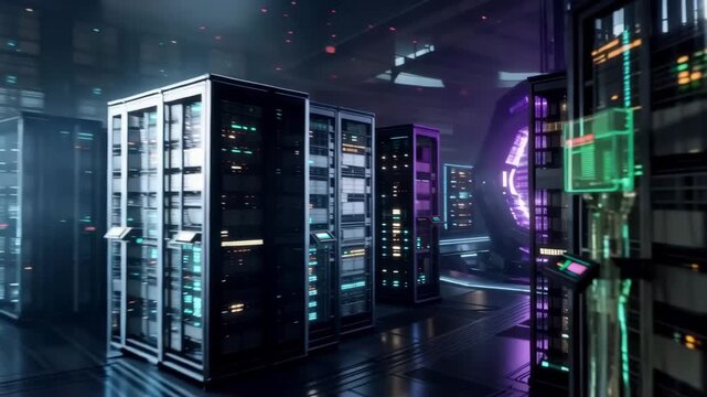 State-of-the-art server room with glowing racks and futuristic technology