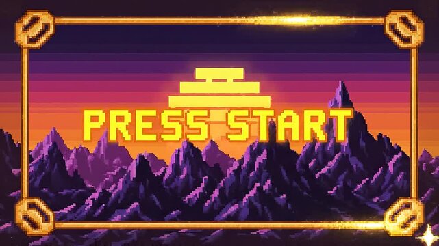 Retro Pixel Art Game Start Screen with Vibrant Landscape and Golden Frame.