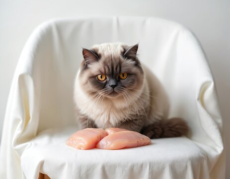 British Shorthair cat sits on white cloth chair. Raw chicken fillet pieces are placed in front. Cat looks at food, showing possessive pose. Adorable pet wants to eat. Domestic animal wants tasty meal.