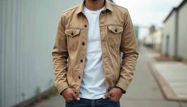 Man wears beige jacket white tee and blue jeans. He stands with hands in pockets outdoors on a street. Casual style, cool urban look. Modern spring or autumn outfit.