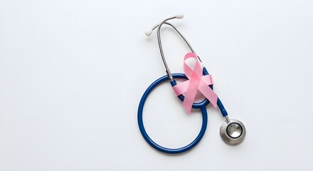 Blue medical stethoscope with a pink ribbon for breast cancer awareness, symbolizing health support and disease prevention, isolated on a clean white background.