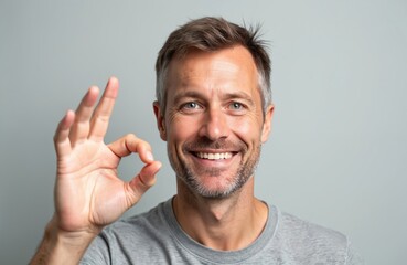 Mature man smiles showing ok gesture with fingers. He looks satisfied and happy, giving positive feedback or approval. His expression is cheerful. Studio shot.