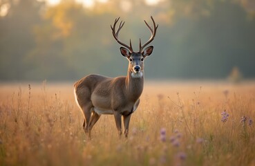 Majestic buck deer with large antlers stands in golden grass during autumn morning. Male cervid with brown fur looks toward camera in field. Wildlife animal grazing in natural pasture.