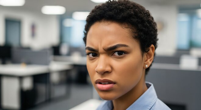 Young Black woman looking annoyed and skeptical in a modern office setting, workplace conflict