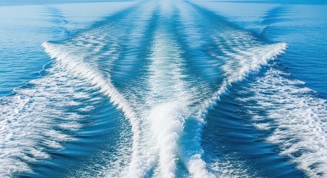 Sharp triangular pattern of churning wake water stretching dynamically across a vast blue lake surface, capturing speed and motion dramatically, sea, nature, texture