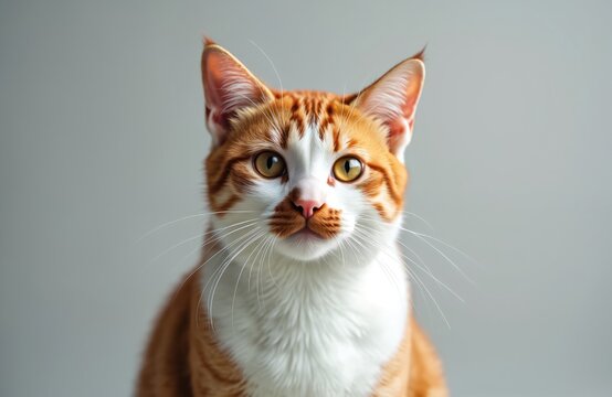 Close up of a ginger and white domestic cat face with bright eyes. This cute animal portrait shows a fluffy pet with long whiskers looking directly forward on a plain backdrop.