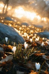 Obraz premium White crocus flowers blooming on grassy ground with sunlight filtering through trees