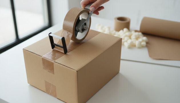 Green e commerce brown cardboard box being sealed with tape by hand conveying eco friendly