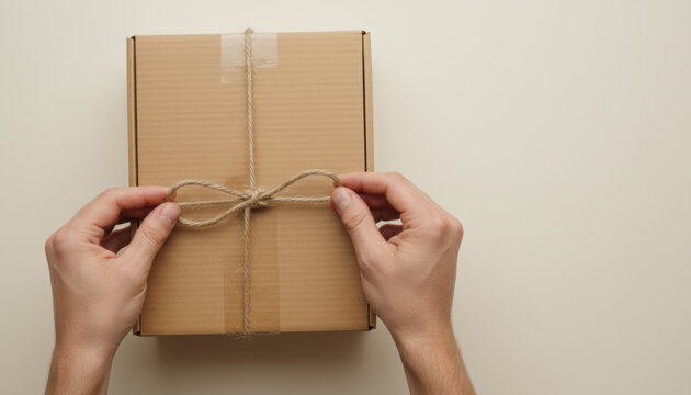 Green e commerce gift box tied with twine hands holding wrapped parcel conveying eco friendly