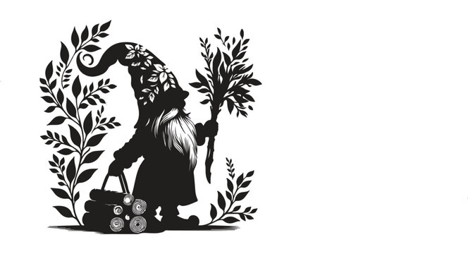 Black silhouette of a gnome holding a tree branch surrounded by leaves