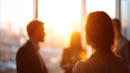 Silhouetted people in business attire engage in a warm, sunlit office setting, a casual meeting or networking moment during sunset, cyber attacking with data leak