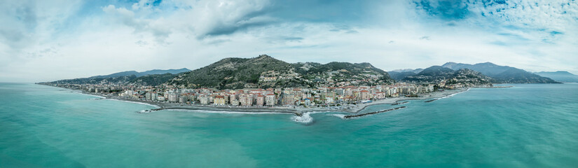 Drone panorama of Ventimiglia Liguria showing cityscape river and sea