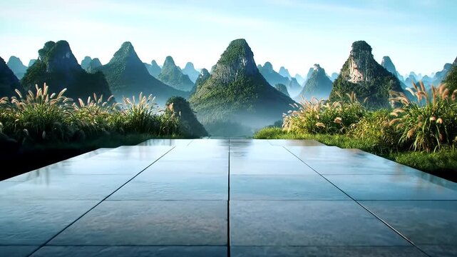 A serene and majestic landscape featuring a sleek, reflective minimalist platform extending towards a breathtaking vista of lush green conical mountains under a clear blue sky, evoking a sense of tra.