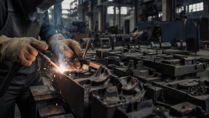 A worker welds metal parts in a dim industrial setting, sparks flying with bright intensity
