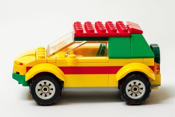 Naklejka premium Yellow LEGO-style car with red and green accents on white background