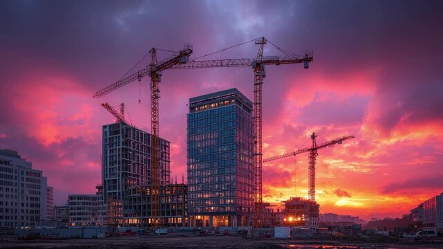 A nearly completed modern office building at dusk with construction cranes still silhouetted against a sunset representing