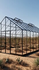 Modern Black Frame Glass Greenhouse for Sustainable Desert Xeriscaping and Cactus Gardening