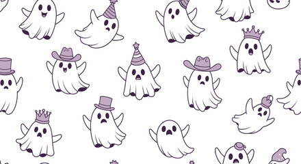 Fototapeta premium Seamless pattern with cute ghosts on a white background.