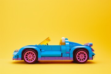 Naklejka premium LEGO toy car in blue and purple on yellow background, minimalist product photography