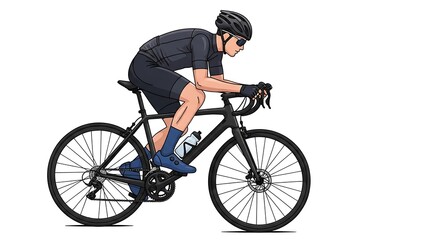 Obraz premium An illustration depicting a cyclist in black attire and helmet riding a road bike against a white background