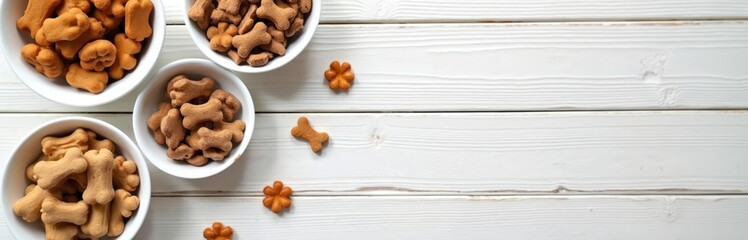 Fototapeta premium Bowls filled with dog biscuits bone and flower shapes on white wood table. Natural pet treats variety for canine. Small snacks ready for feeding.