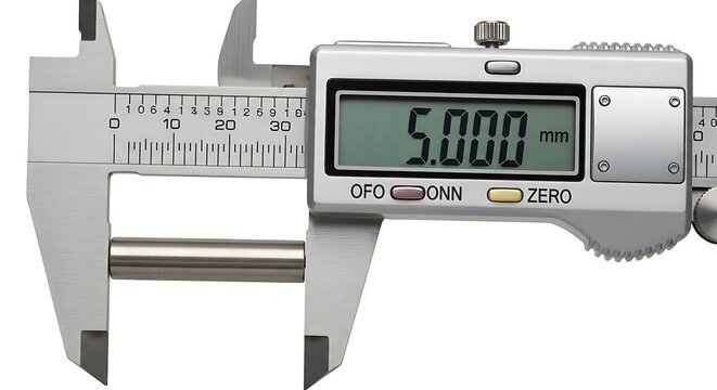 Digital caliper precisely measures a metal rod to 5 millimeters.