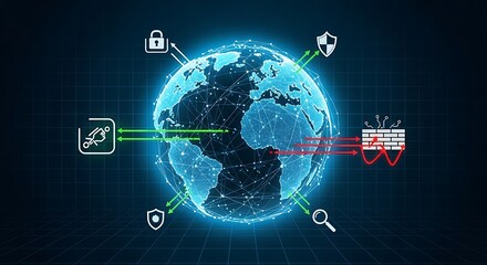 Obraz premium Digital security concept with global network and protective icons.