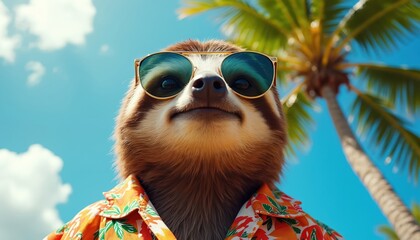 Naklejka premium Sloth wears sunglasses and Hawaiian shirt, stands by palm tree. Animal looks happy under blue sky, enjoying summer vacation time. Cute mammal rests during holiday trip.