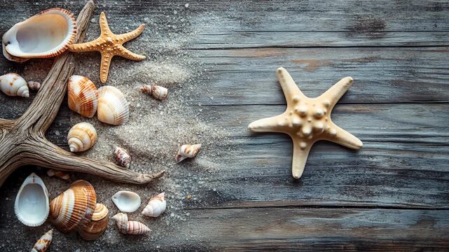 Seashells starfish and driftwood on a rustic wooden surface