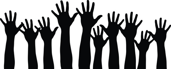 Fototapeta premium Raised hands silhouette crowd illustration representing participation unity celebration support protest teamwork and community concept black vector design
