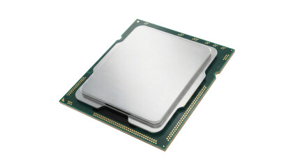 Close-up of a computer processor chip with sleek silver and green circuit board