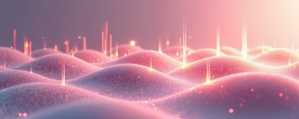 Abstract digital art glowing light beams emerging from soft, undulating pink surfaces. Rhythmic patterns create sense of gentle movement, energy flow across serene composition. Futuristic sound wave
