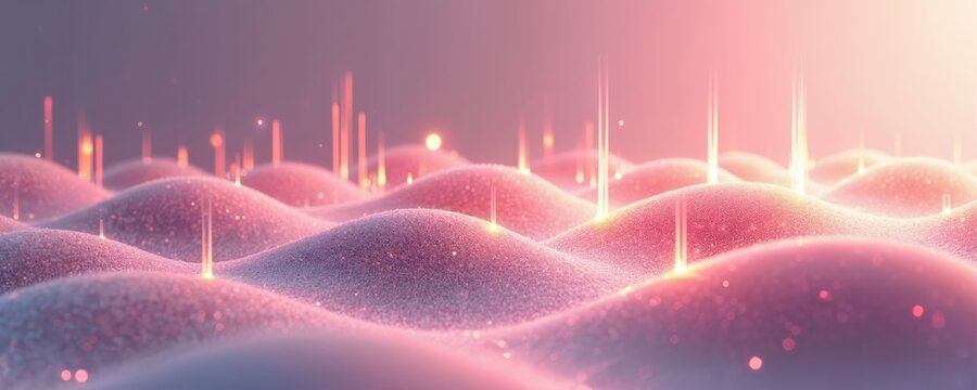 Abstract digital art glowing light beams emerging from soft, undulating pink surfaces. Rhythmic patterns create sense of gentle movement, energy flow across serene composition. Futuristic sound wave