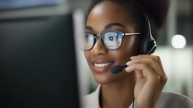 Young woman with headset and glasses working in call center.