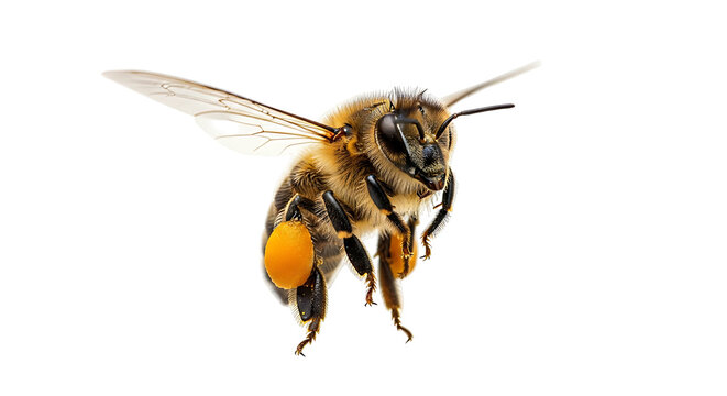 Bee Flying with Pollen on Legs.