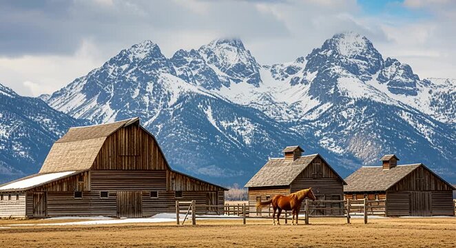 Rustic barn with horse and snow-capped mountains, rural landscape farm photography barn horse, mountains,.