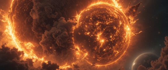 Fototapeta premium Celestial collision of twin suns cosmic space digital art dramatic atmosphere wide-angle view sci-fi concept