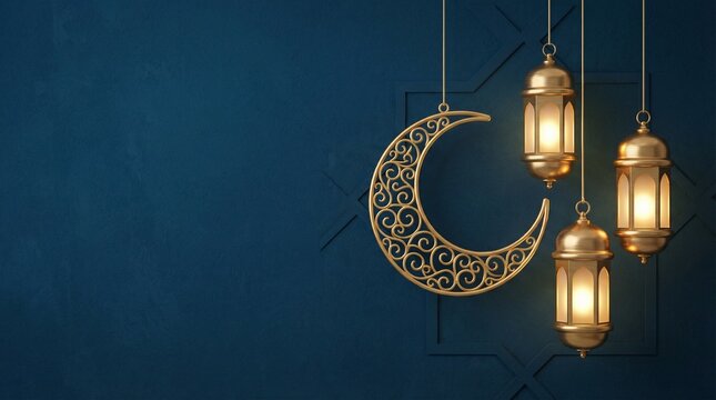 Elegant Ramadan Kareem Background with Golden Crescent Moon and Islamic Lanterns