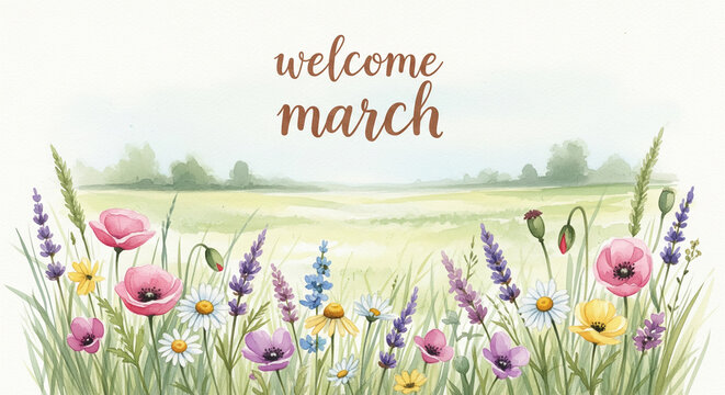 Welcome March floral banner with spring flowers in meadow landscape background