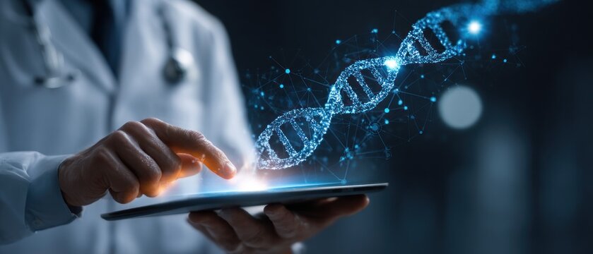 Medical professional using tablet with futuristic dna helix concept