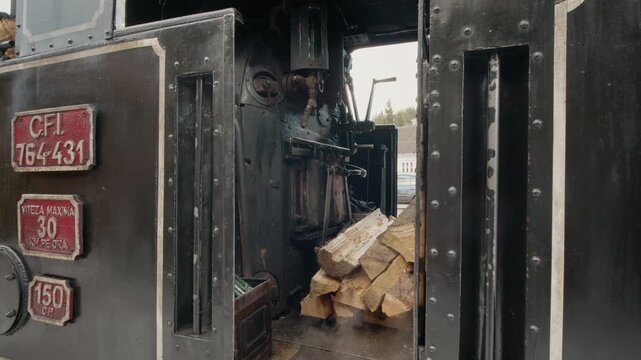 Firewood is loaded into the Mocanita train locomotive to power the steam engine. This process is an important part of operating the locomotive.