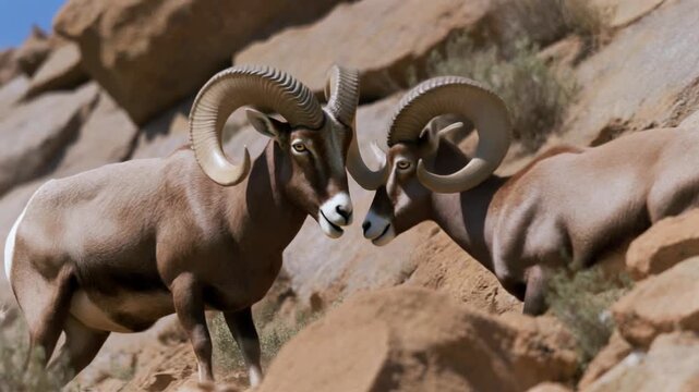 Two majestic desert bighorn rams in natural habitat exploring arid landscape wildlife stock footage