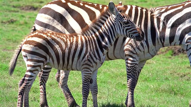 A tender moment between a zebra mother and her newborn foal grazing peacefully in a lush green meadow under bright sunlight a symbol of new life and African wildlife