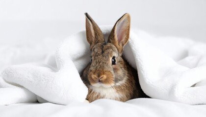 Naklejka premium Cute rabbit hiding under blanket adorable pet moments fluffy bunny peeking from cozy blanket offers heartwarming view