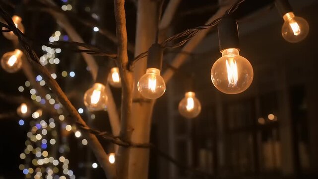 Warm glowing string lights illuminate a tree at night.