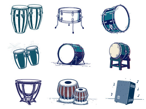 Diverse Collection of Hand Drawn Drums and Percussion Instruments Including Conga Tabla Bass Snare Timpani Cajon Taiko Vector Illustration